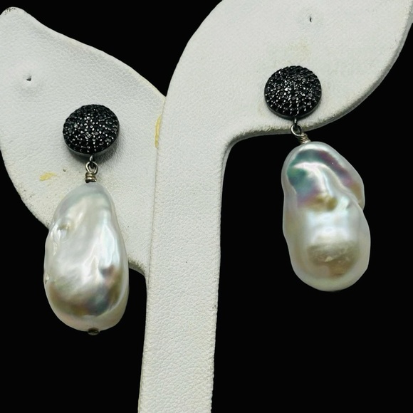 Huge Baroque Pearl Black Spinel Sterling Drop Earrings - Picture 1 of 8